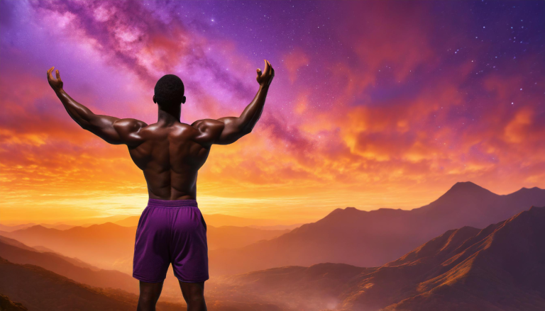 Handsome muscular man, standing, arms raised in gratitude to the universe,purple, skies,