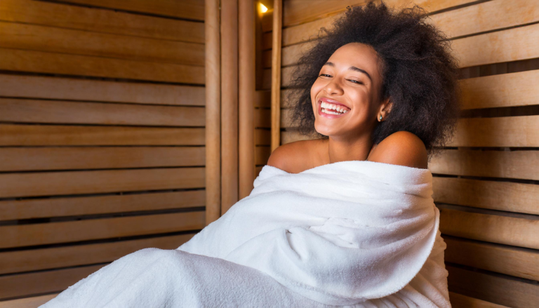 young black woman laughing black woman in a russian sauna, wrapped in a white bed sheet