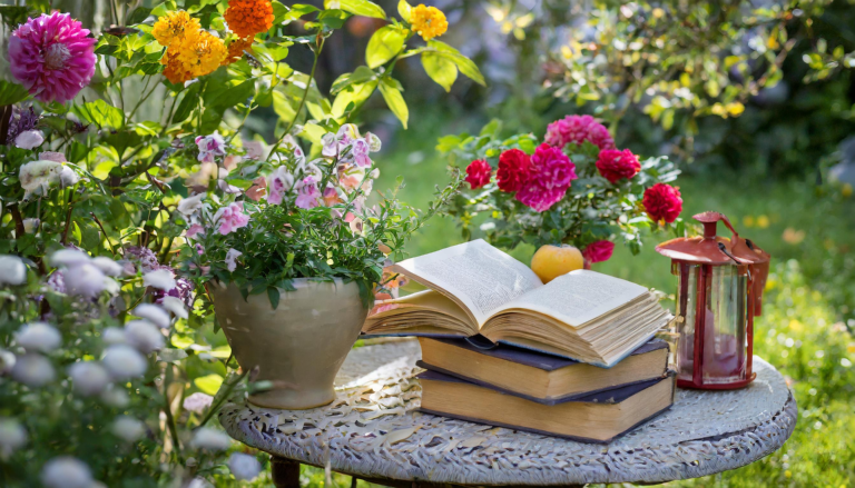 motivated to learn- books on the table with a beautiful outdoor garden
