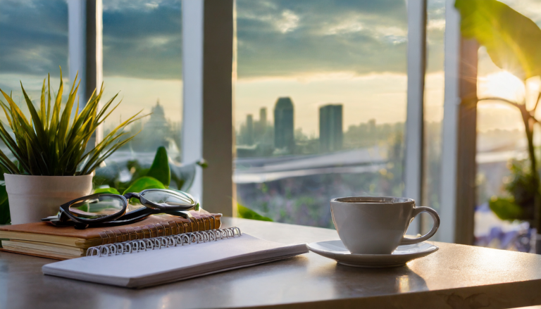 early morning cofee with a city view: Monday Motivation for Business