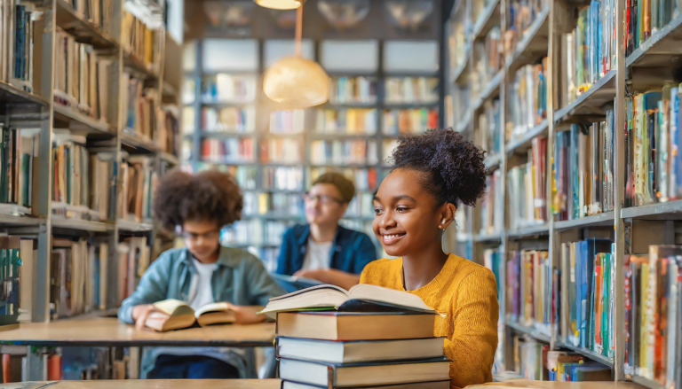 3 motivated students in the library reading